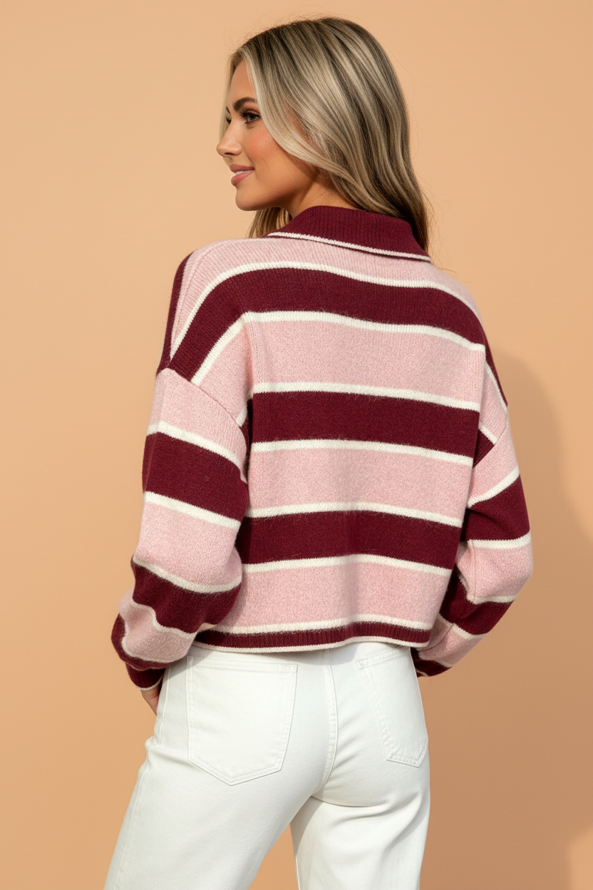 Stripe Polo Collar Ribbed Cuff Knit Sweater