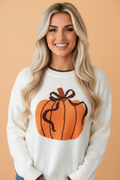 Pumpkin Contrast Trim Graphic Print Sweater