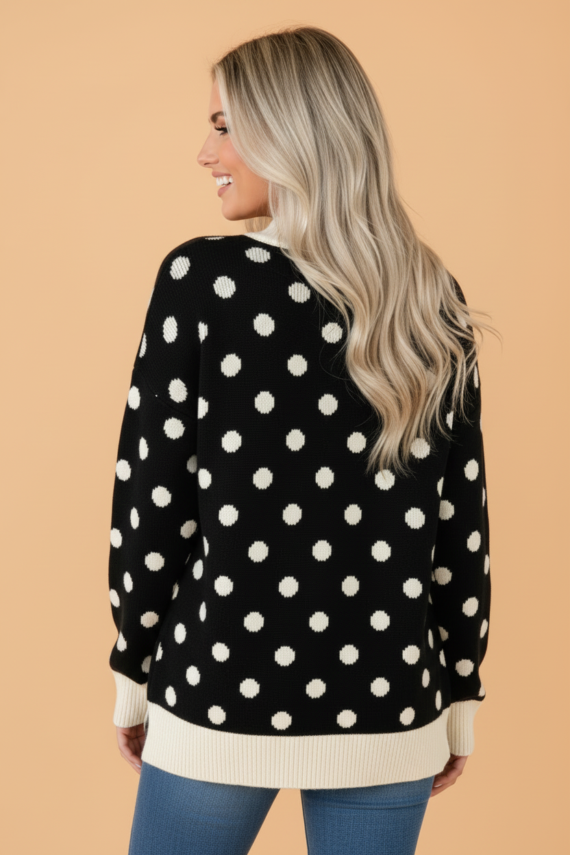 Polka Dot Colorblock Ribbed Trim Tunic Sweater