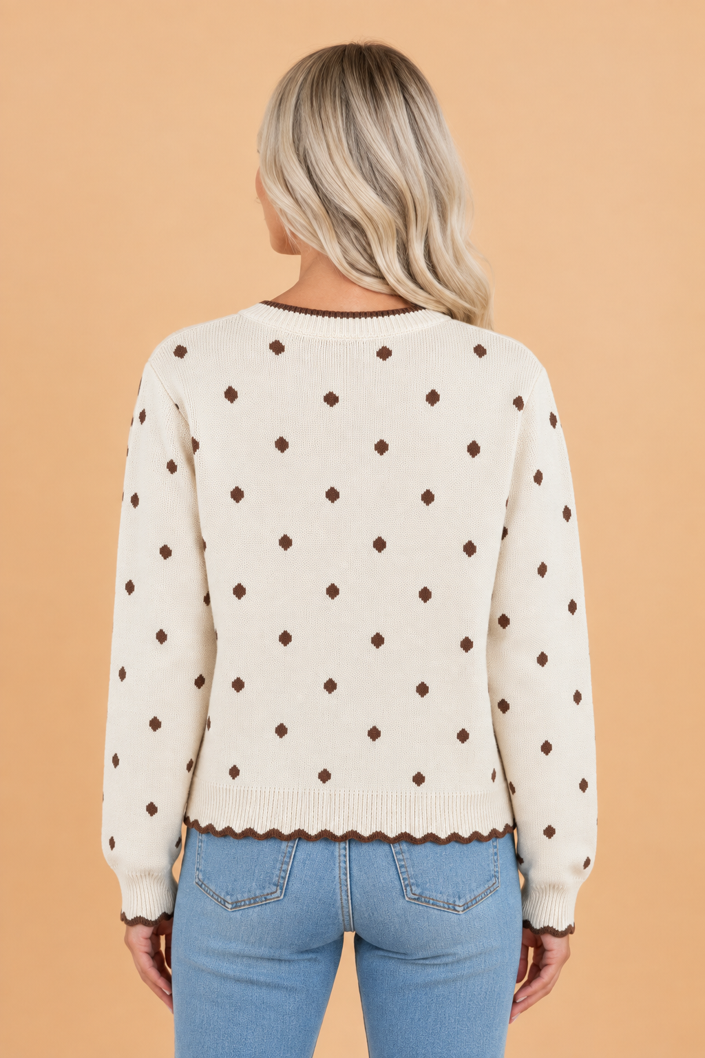 Polka Dot Scallop Contrast Trim Crewneck Sweater