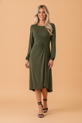 Solid Ruched Long Puff Sleeve Midi Dress
