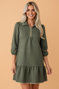 Textured Quarter Zip Collar 3/4 Sleeve Mini Dress