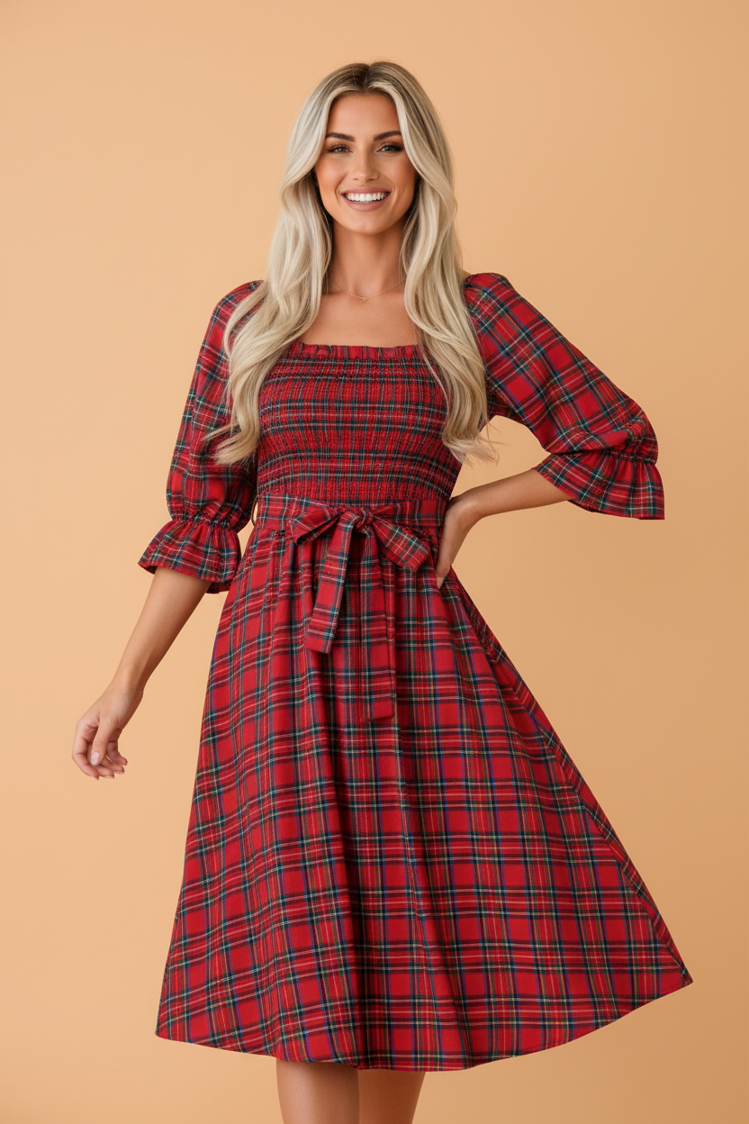 Plaid Square Neck Puff Sleeve Belted Midi Dress