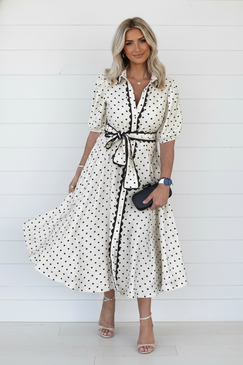 Polka Dot Scallop Trim Button Down Midi Dress