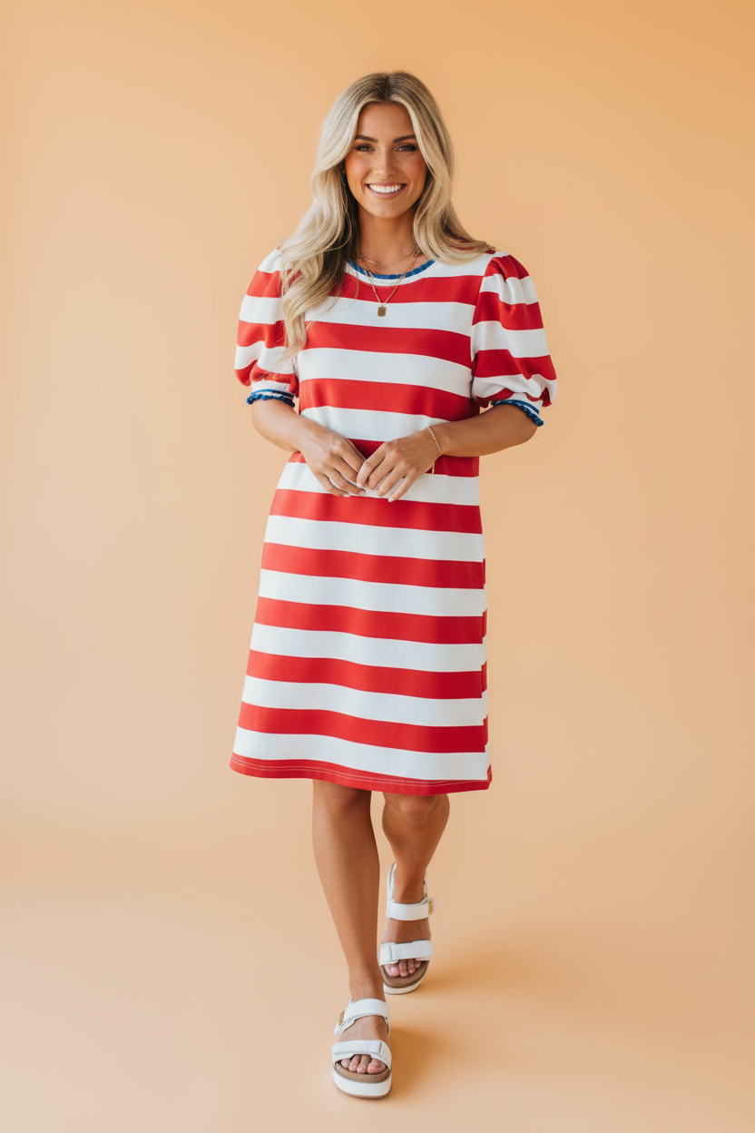 Americana Stripe Contrast Trim Puff Sleeve Dress