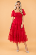 Swiss Dot Tulle Smocked Puff Sleeve Midi Dress