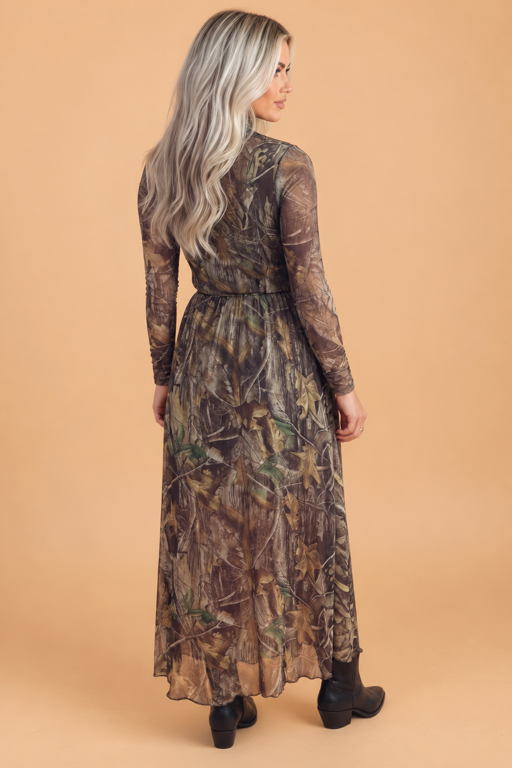 Camo Sheer Mesh Long Sleeve Maxi Dress