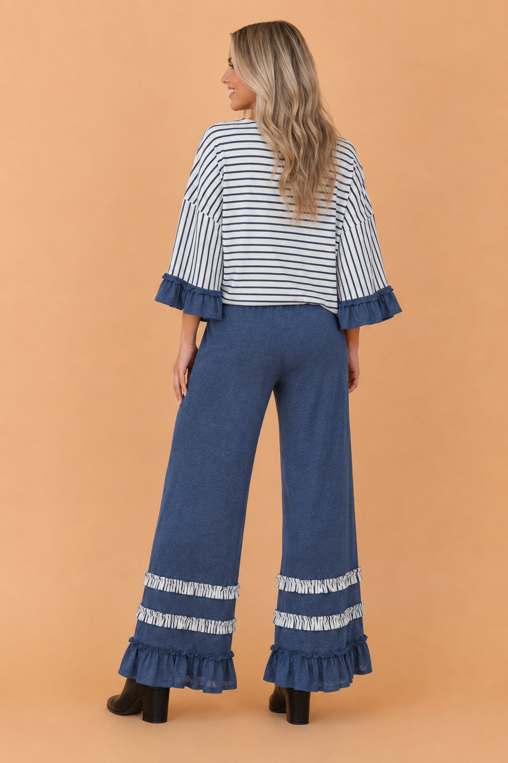 Stripe Ruffle Patchwork V-Neck Top & Pants Set