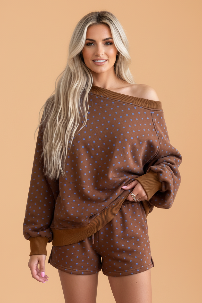 Polka Dot Long Sleeve Top & Drawstring Shorts Set