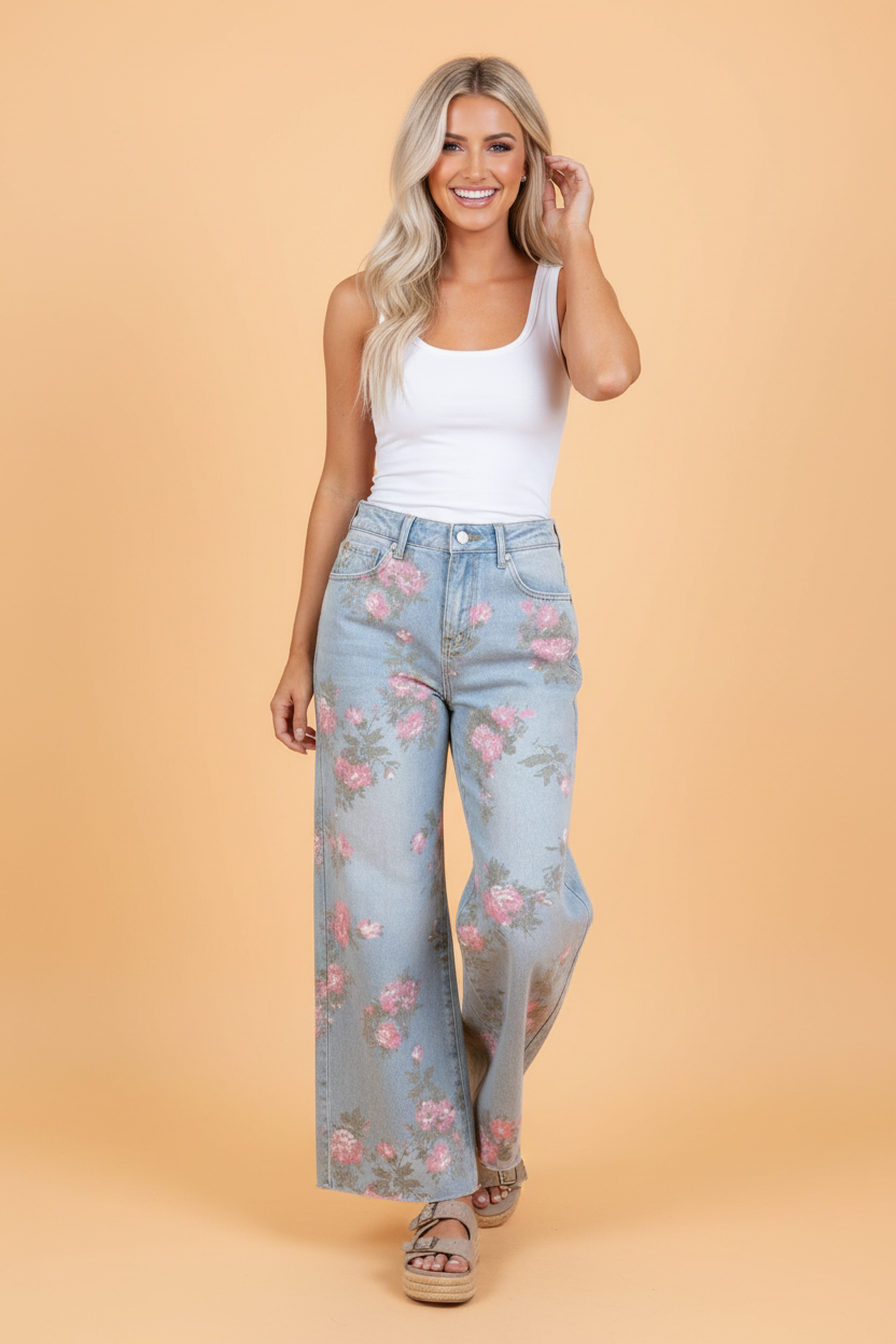 Floral Denim Wide Leg Jeans