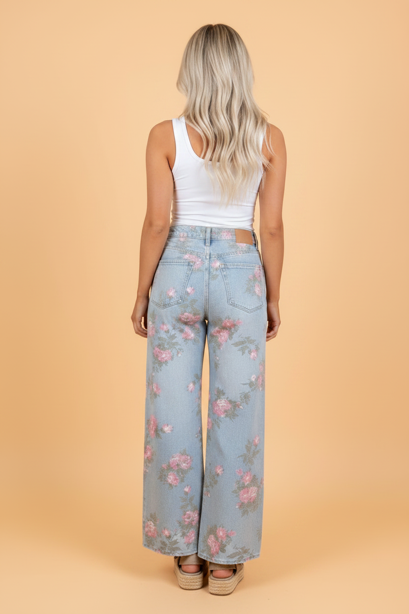 Floral Denim Wide Leg Jeans