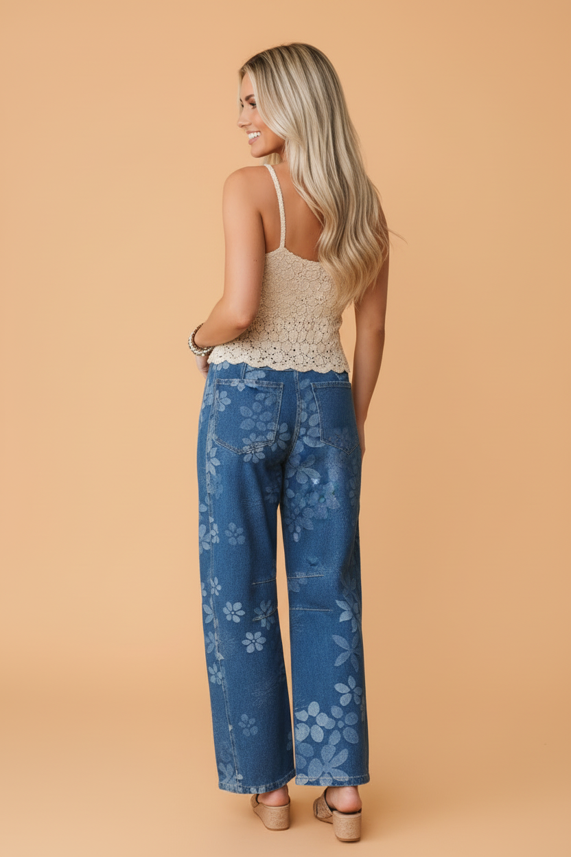 Floral Denim High Waist Barrel Leg Jeans