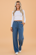 Solid Exposed Seam Drawstring Waist Wide Leg Jeans