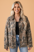 Camo Denim Corduroy Contrast Collar Zip Up Jacket