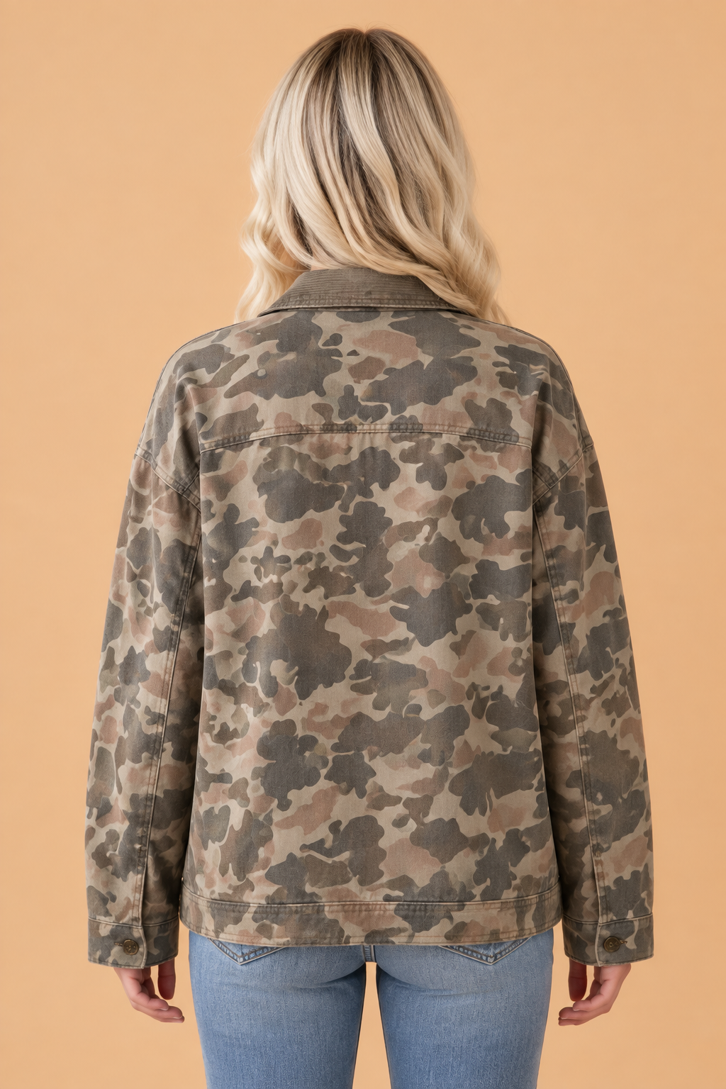 Camo Denim Corduroy Contrast Collar Zip Up Jacket