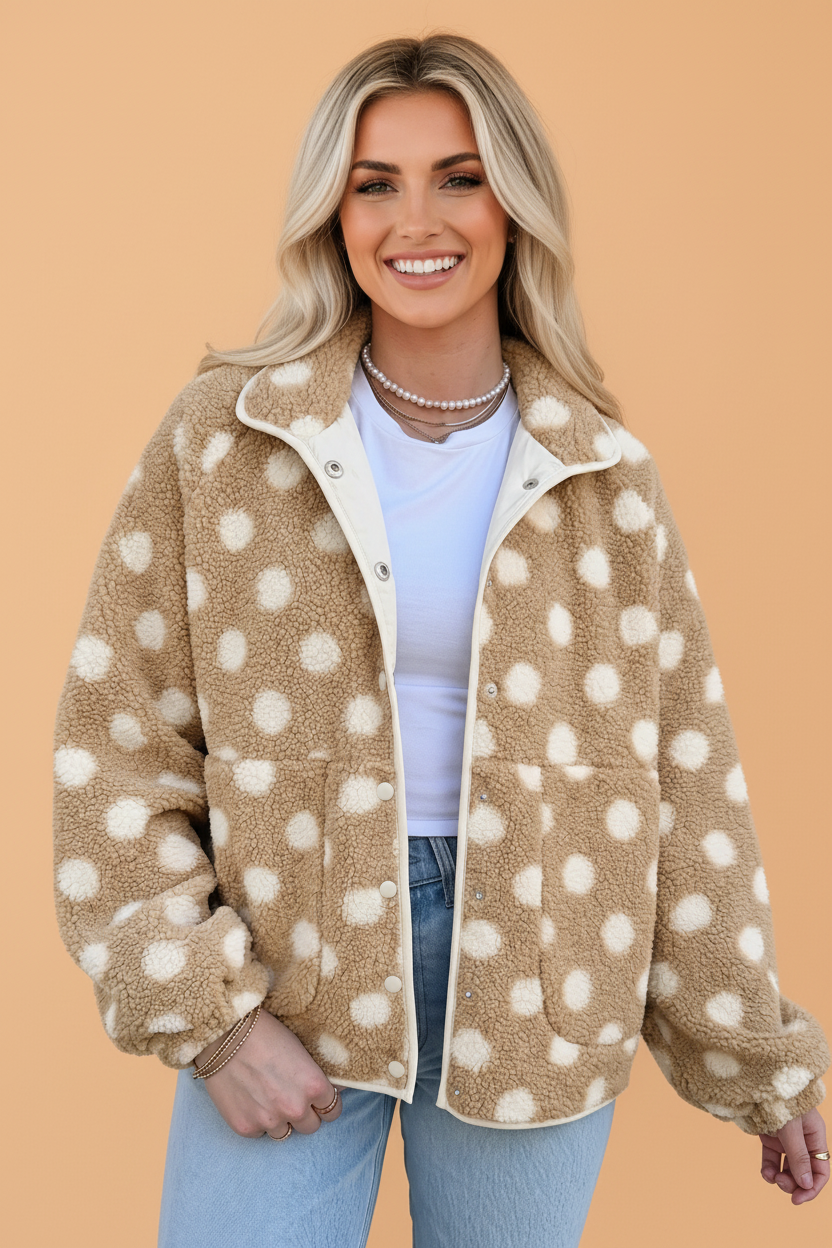 Polka Dot Fleece Zipped Pocket Button Up Jacket