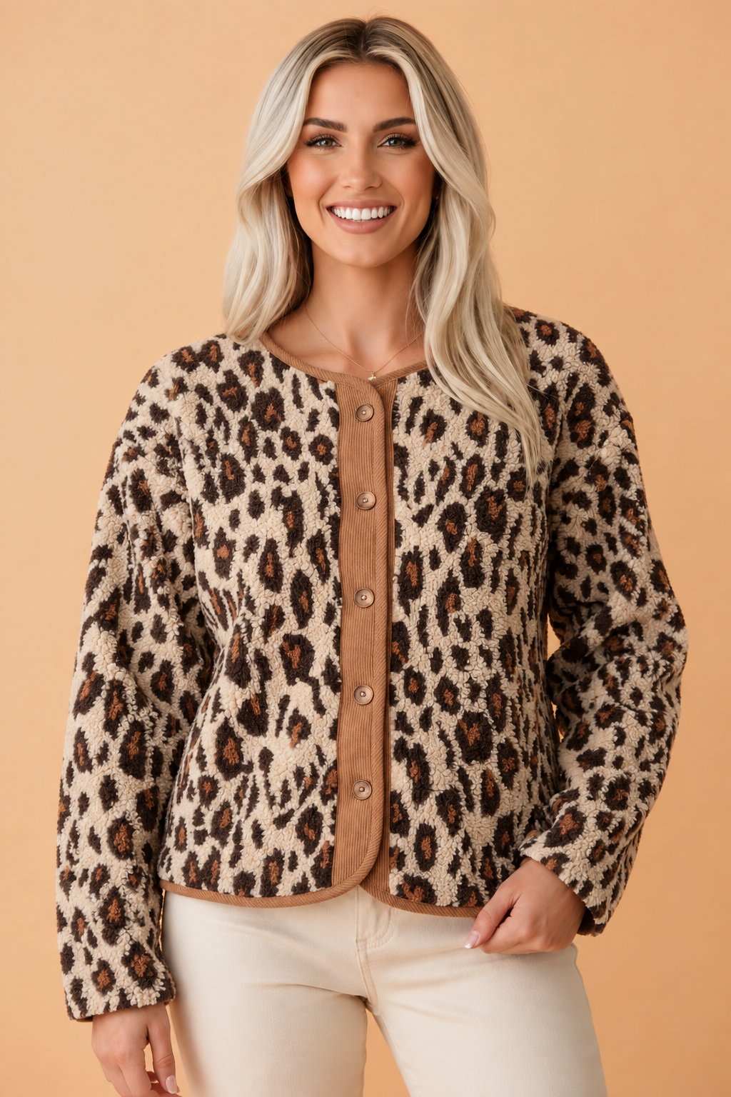 Leopard Fleece Corduroy Trim Buttoned Jacket