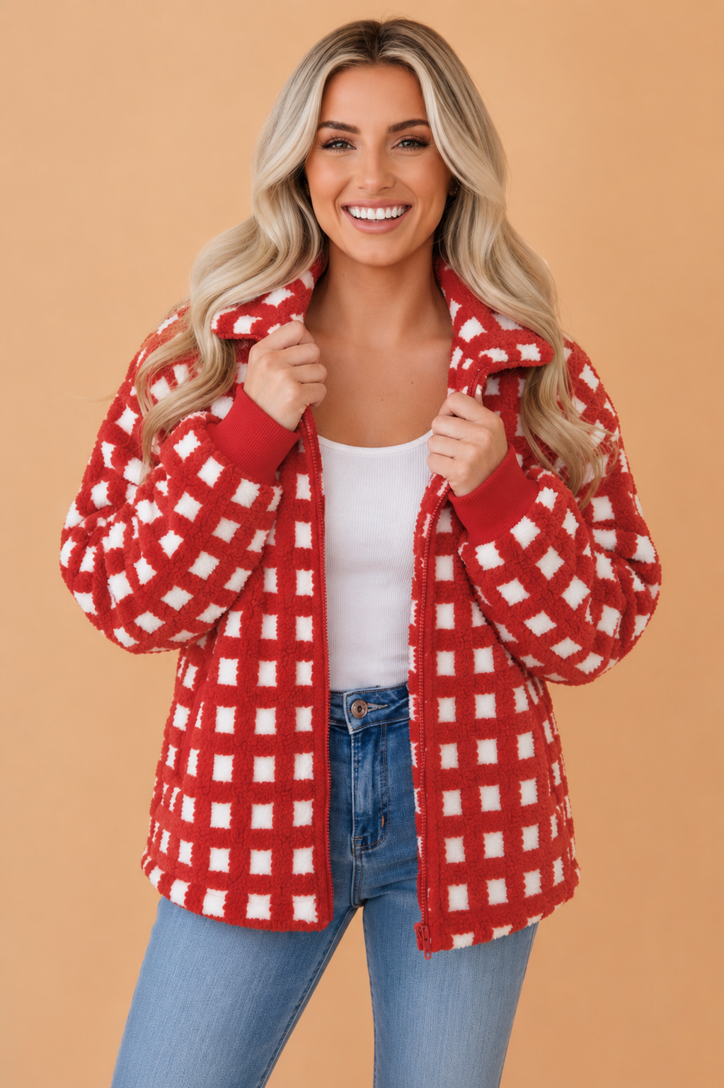 Plaid Fleece Textured Zip-Up Ribbed Cuff Jacket
