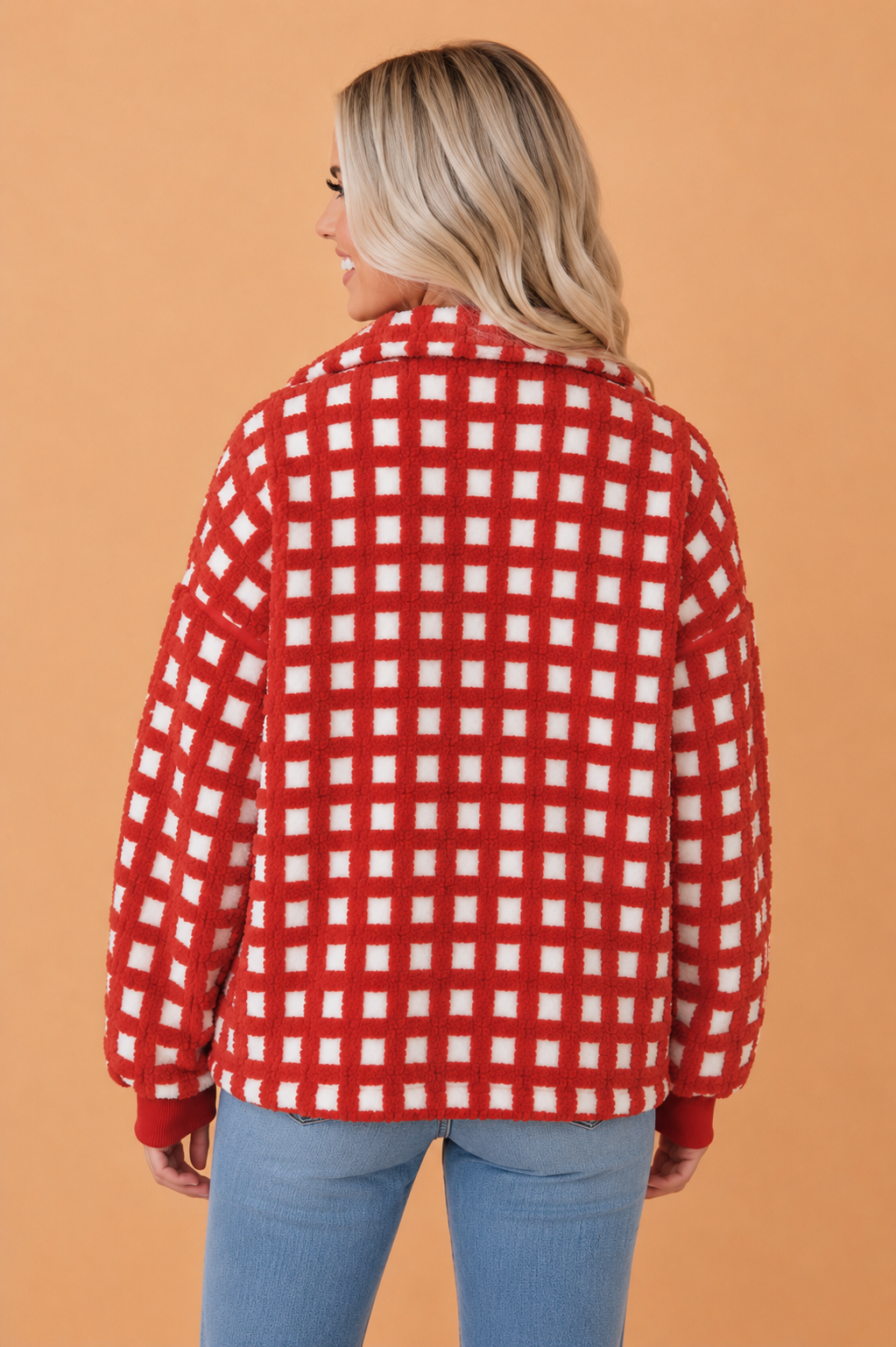 Plaid Fleece Textured Zip-Up Ribbed Cuff Jacket