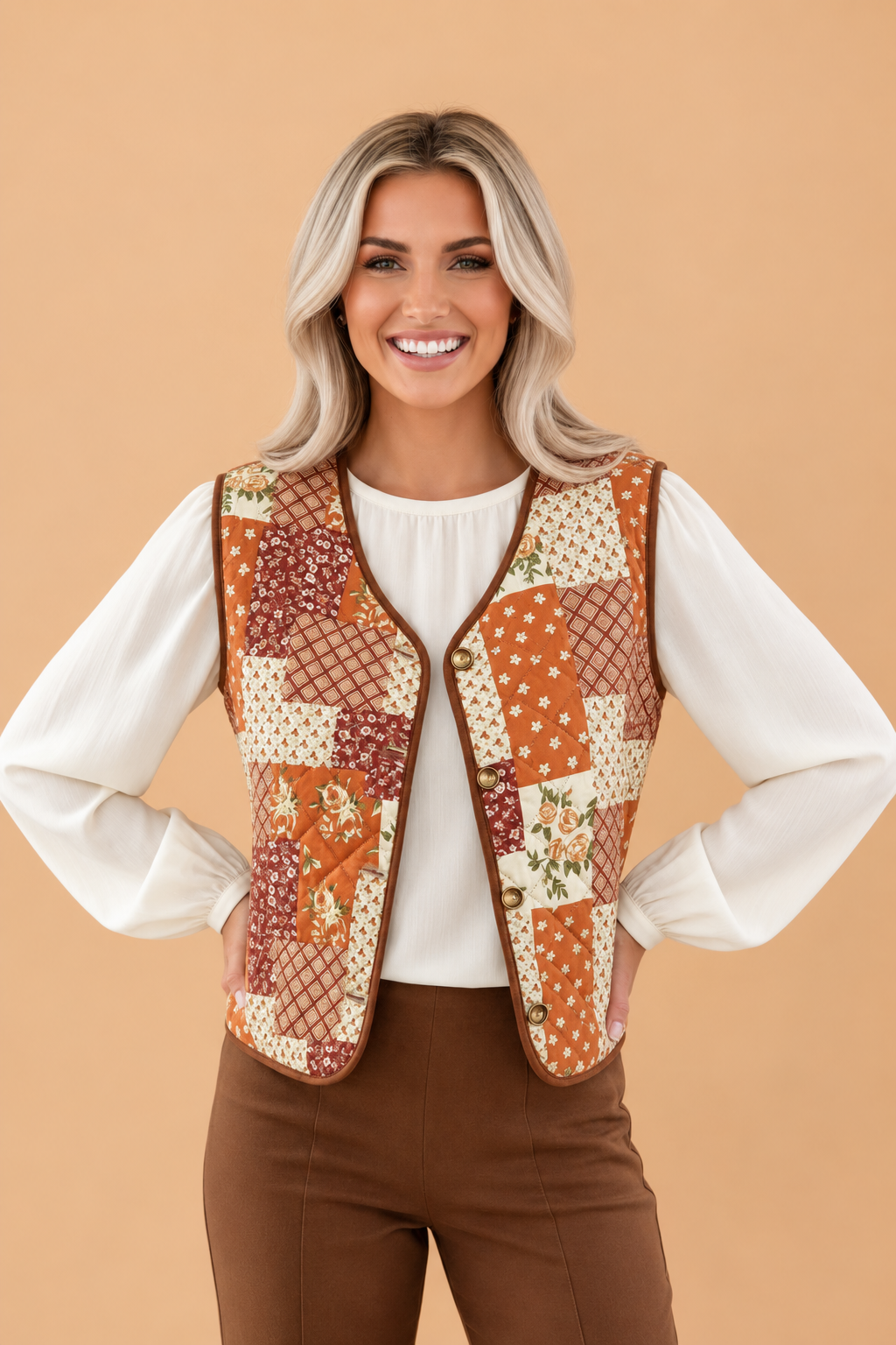 Floral Quilted Patchwork Contrast Trim Buttoned Vest