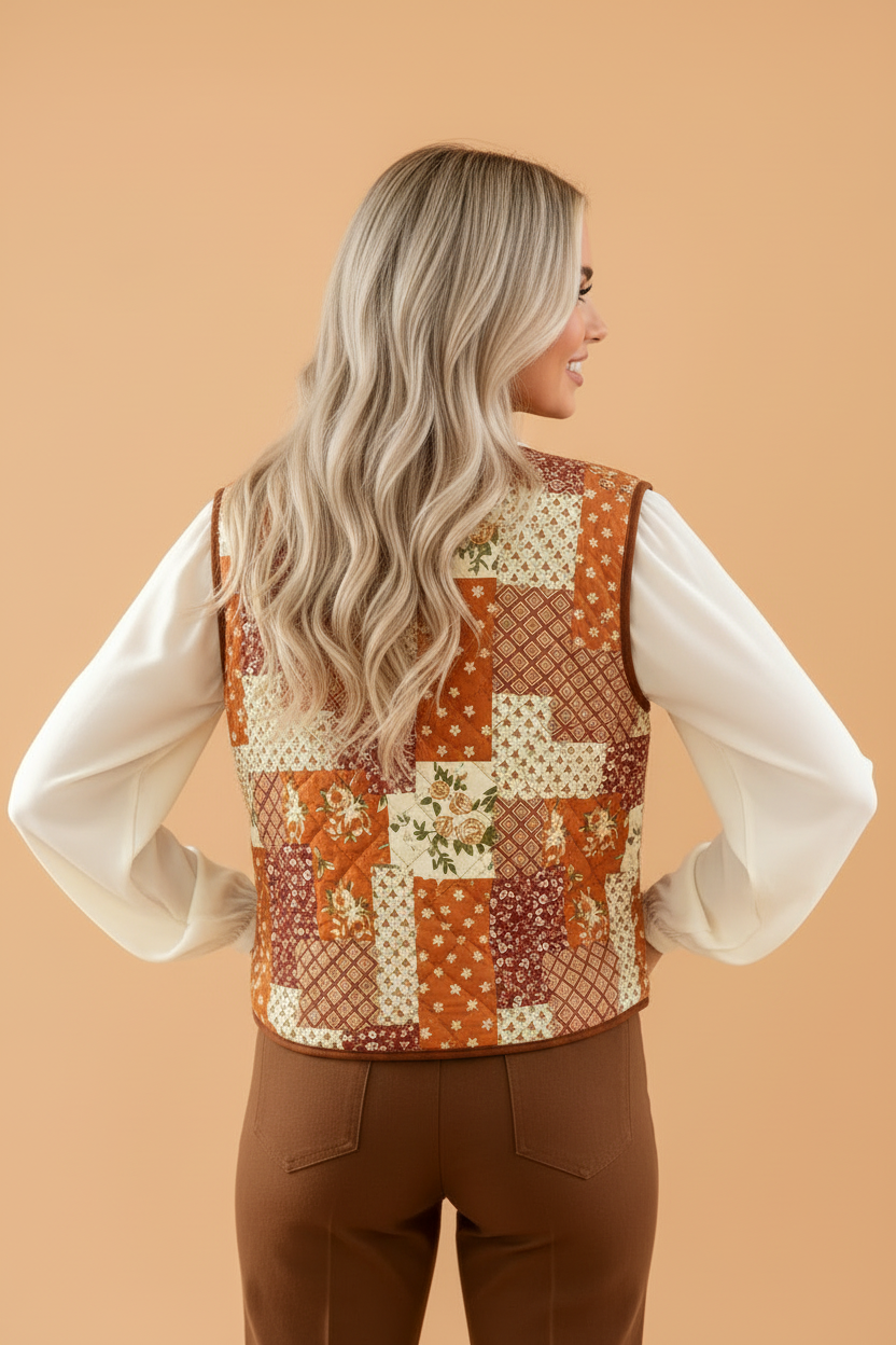 Floral Quilted Patchwork Contrast Trim Buttoned Vest
