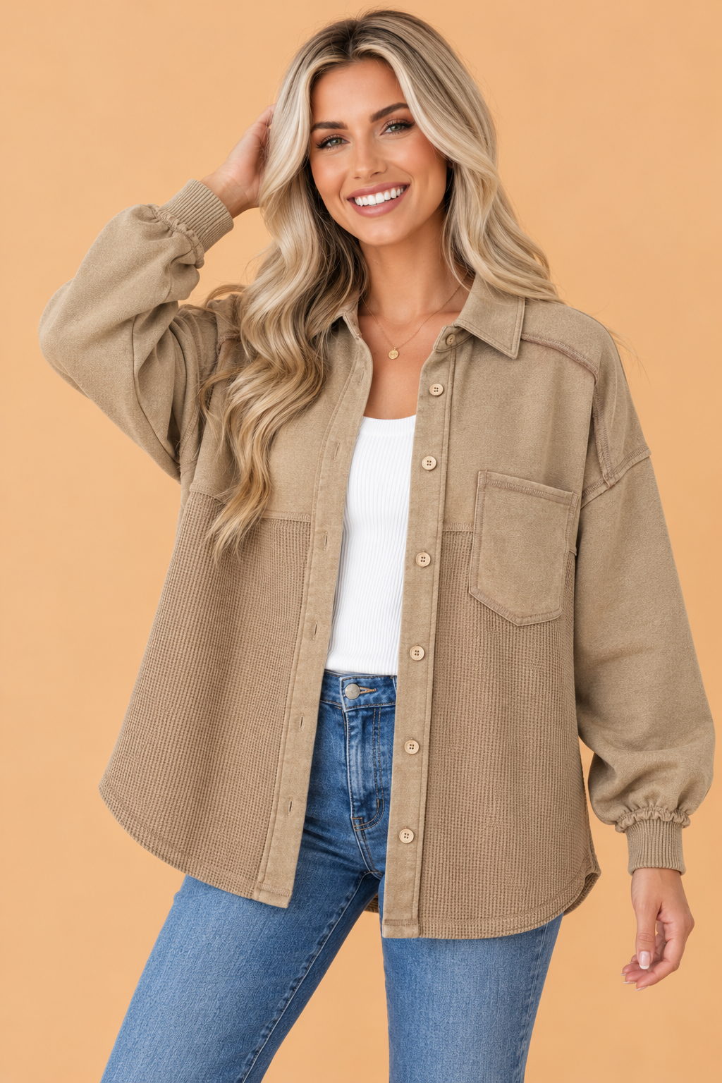 Solid Mineral Wash Waffle Knit Patchwork Shacket