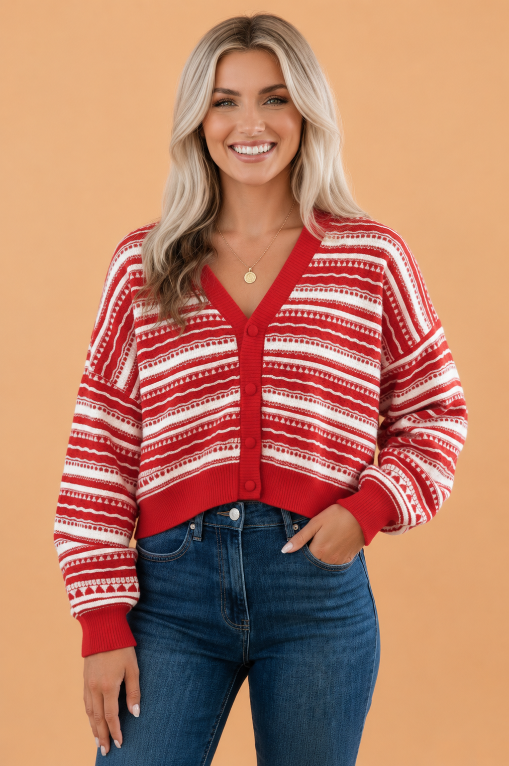 Geometric Stripe Button Front V-Neck Knit Cardigan