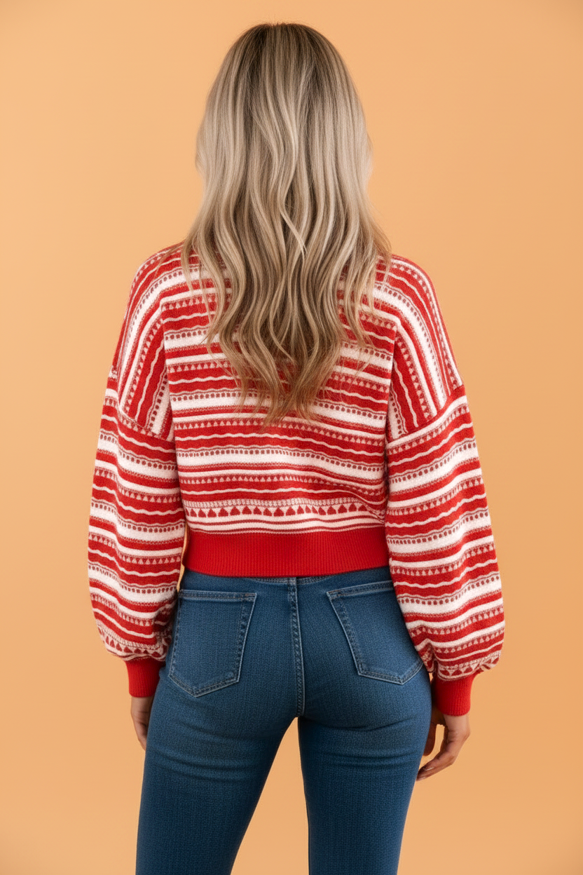 Geometric Stripe Button Front V-Neck Knit Cardigan