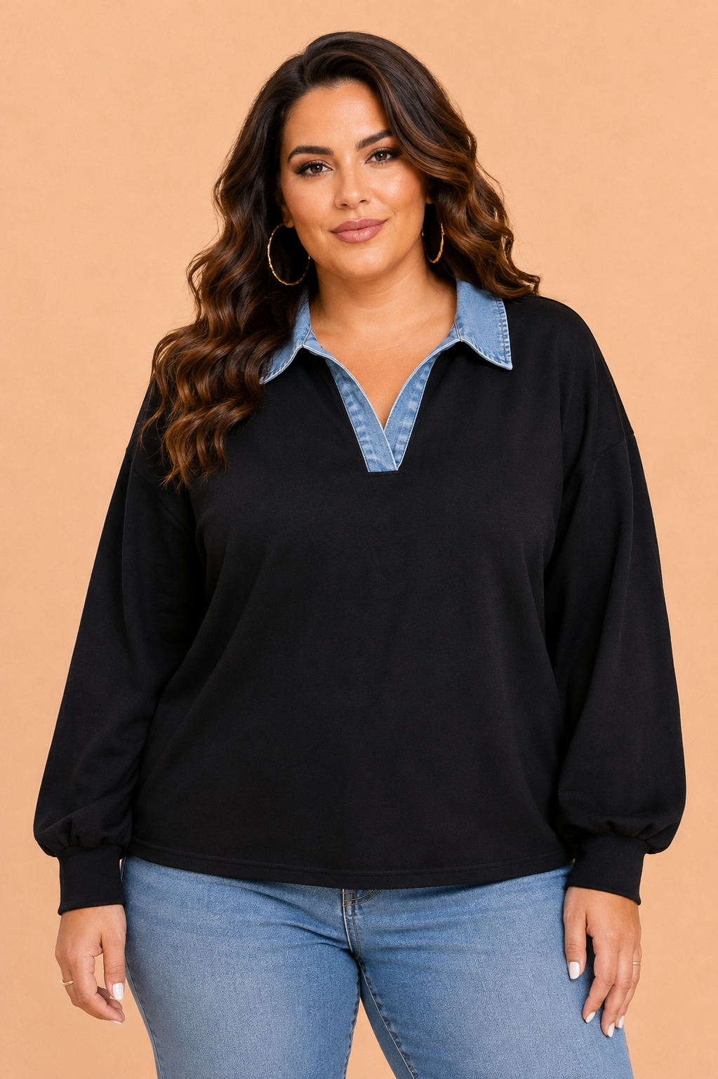 Plus Size Denim Collared V-Neck Long Sleeve Knit Blouse