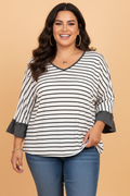 Plus Size Stripe Ruffle 3/4 Sleeve V-Neck Top