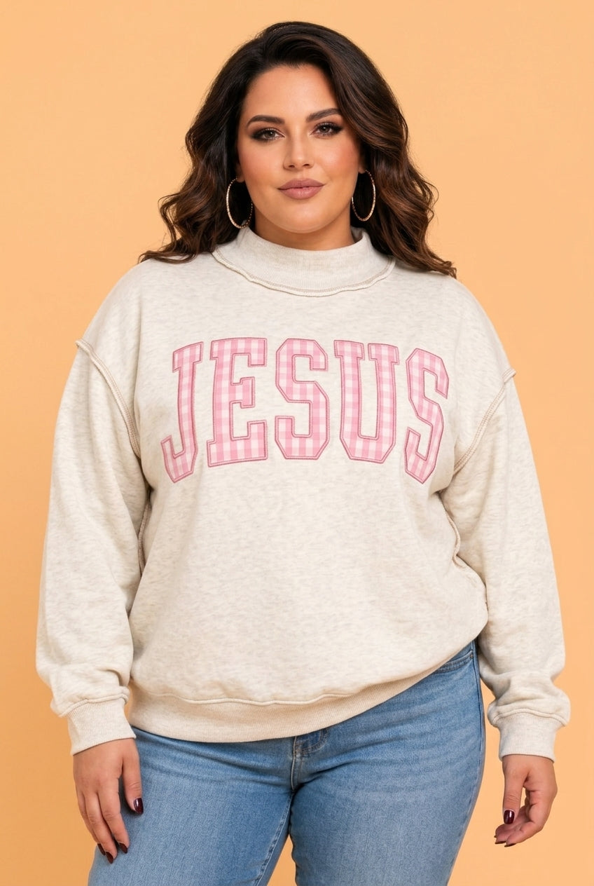 Plus Size JESUS/FAITH Letter Print Mock Neck Sweatshirt
