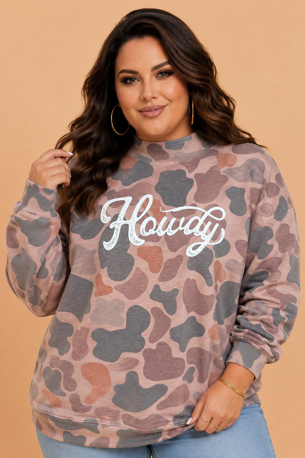 Plus Size Western Howdy Graphic Camo Sweatshirt
