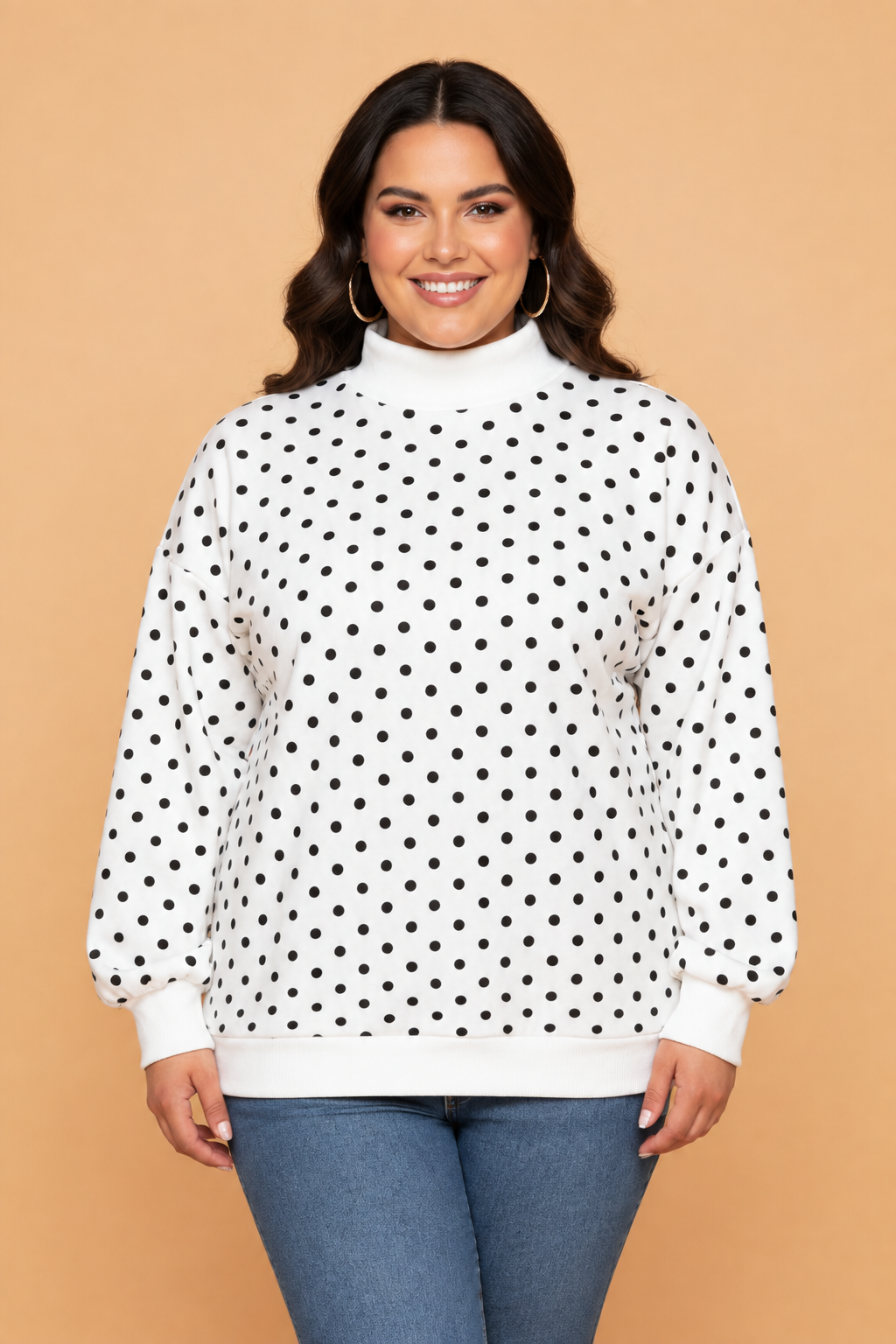 Plus Size Polka Dot Ribbed Mock Neck Sweatshirt