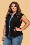 Plus Size Denim Patchwork Collar Sleeveless Cardigan