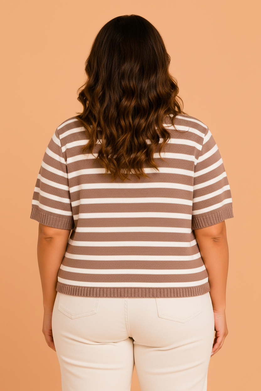 Plus Size Stripe Short Sleeve Button Front Cardigan