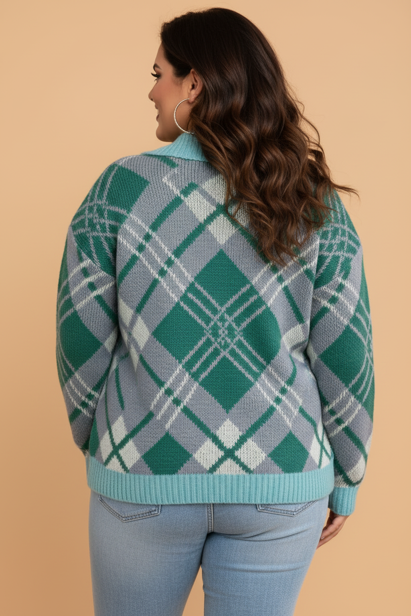 Plus Size Plaid Buttoned Collar Sweater Knit Cardigan