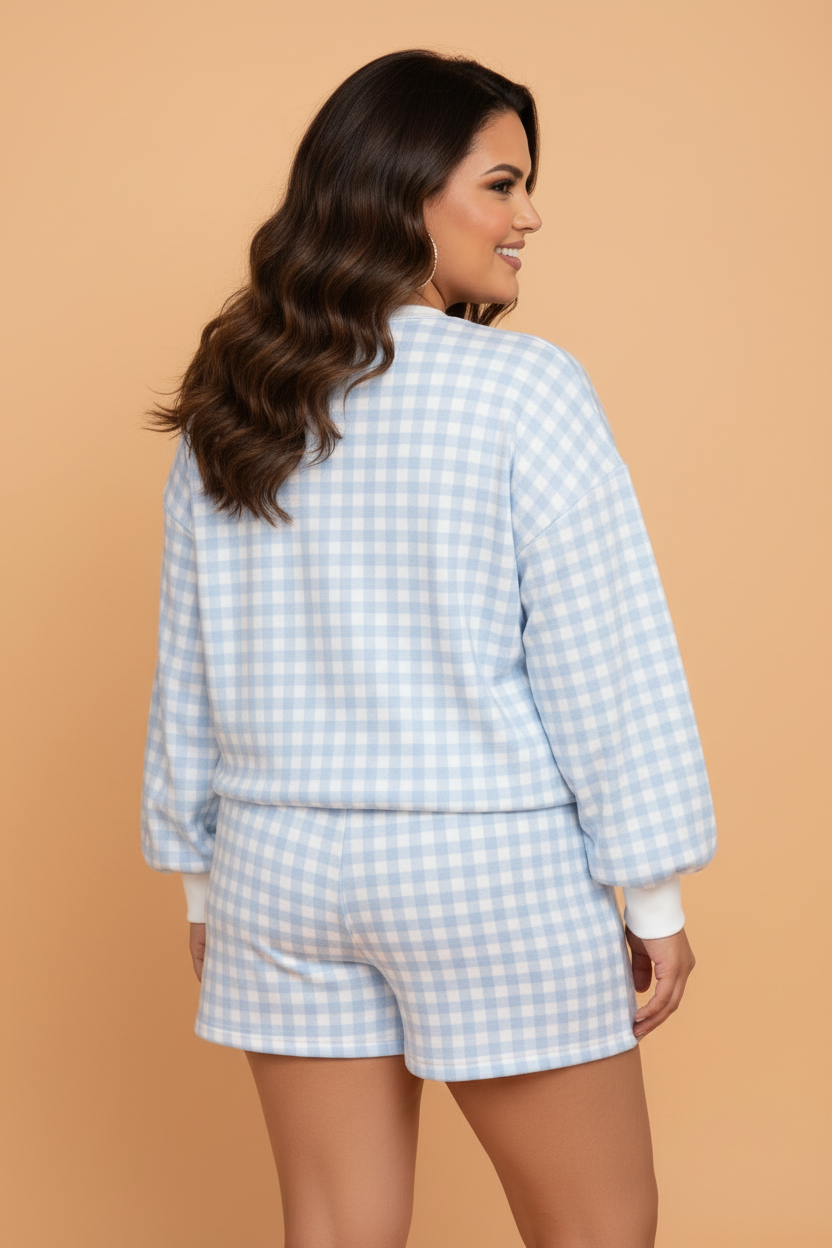Plus Size Gingham Long Sleeve Top & Shorts Set