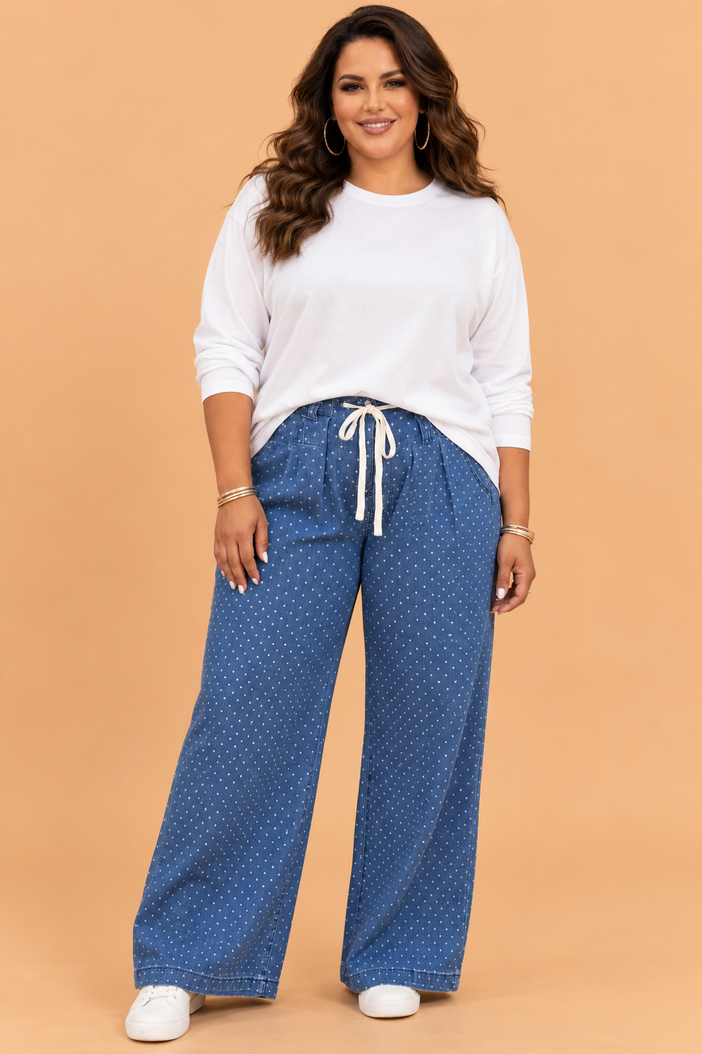 Plus Size Polka Dot Drawstring Wide Leg Jeans