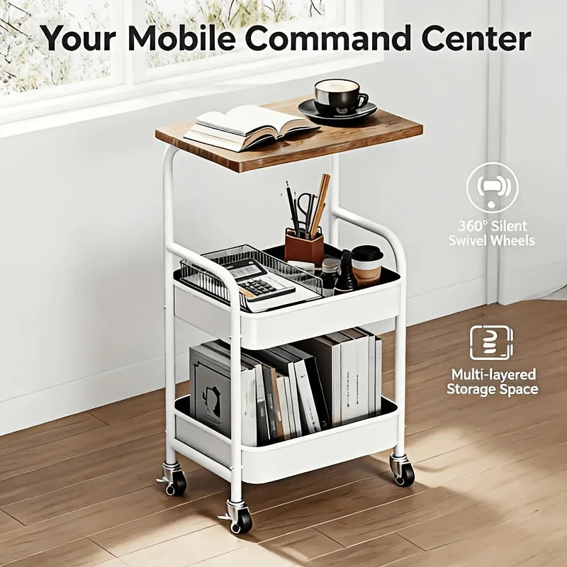 Movable and Rotatable Universal Wheels with Desktop Storage Rack - Multi-Functional Rolling Storage Cart