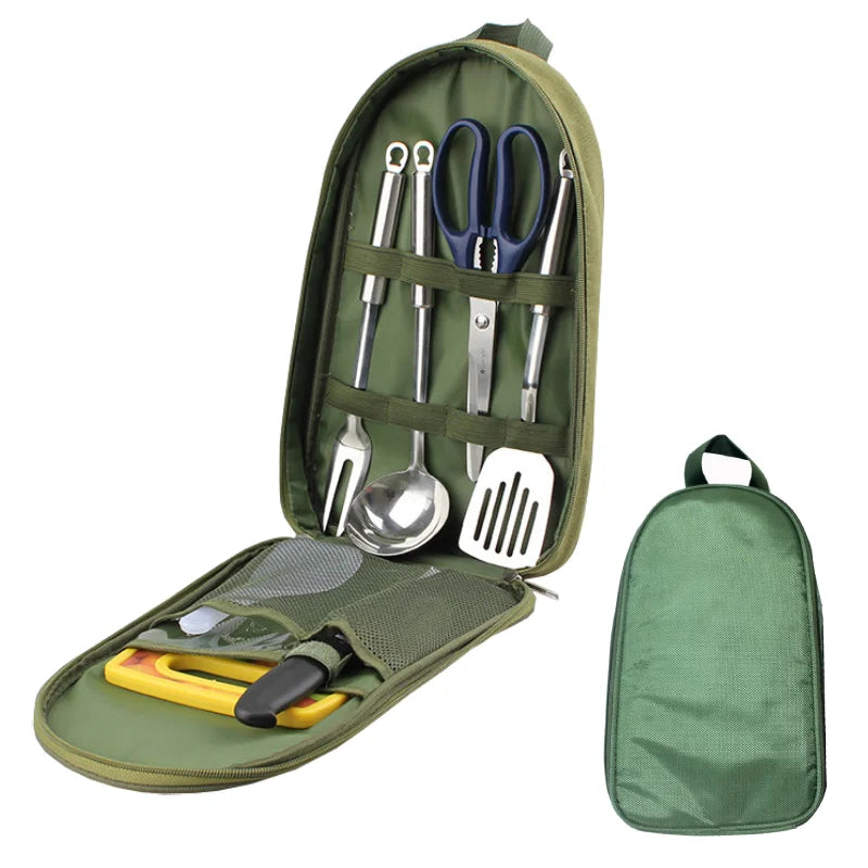7pcs Camping Kitchen Utensil Set with Carrying Bag BBQ Beach Hiking Travel Organizer Storage Pack Cook Gadgets Equipment Gear