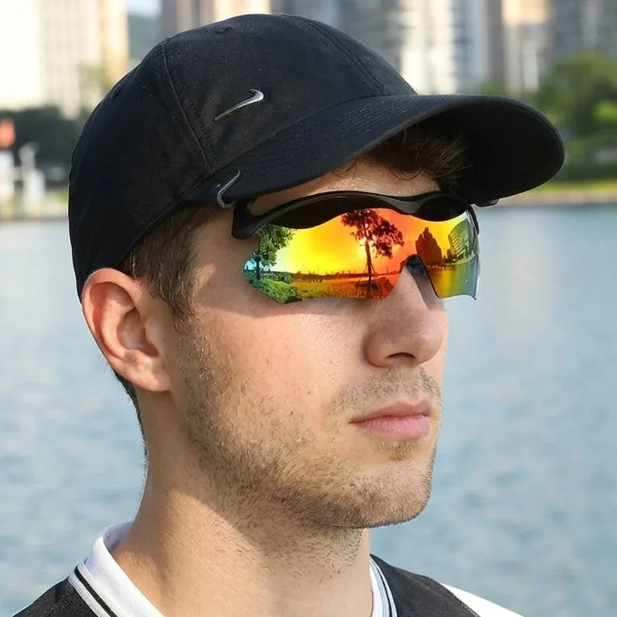 Men Women Blue Red Polarized Cycling Sunglasses Mirrored Len Clipped Edge On Hat Reduce Ear Pressure Protect Eyes Easy To Carry