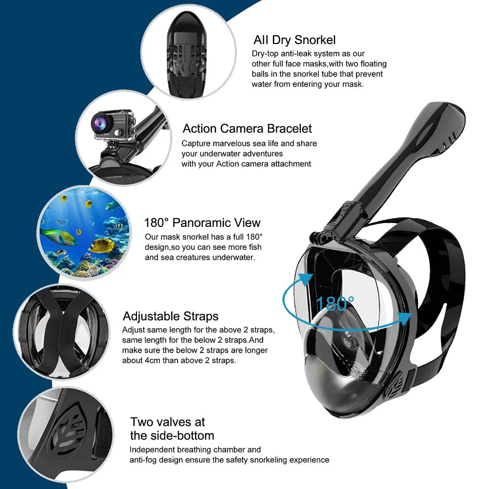 Full Face Snorkel Mask Diving Mask for Adults and Youths Anti-Leak Anti-Fog 180° Panoramic View with Camera Mount Safe Breathing