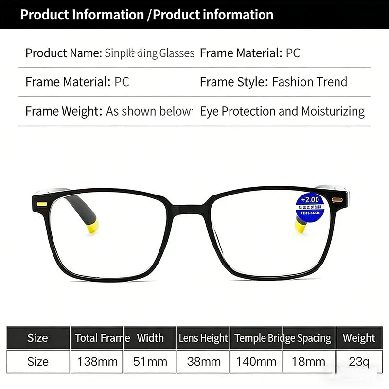 Square-framed reading glasses, anti-blue light and anti-fatigue, specially designed for middle-aged and elderly people, unisex.