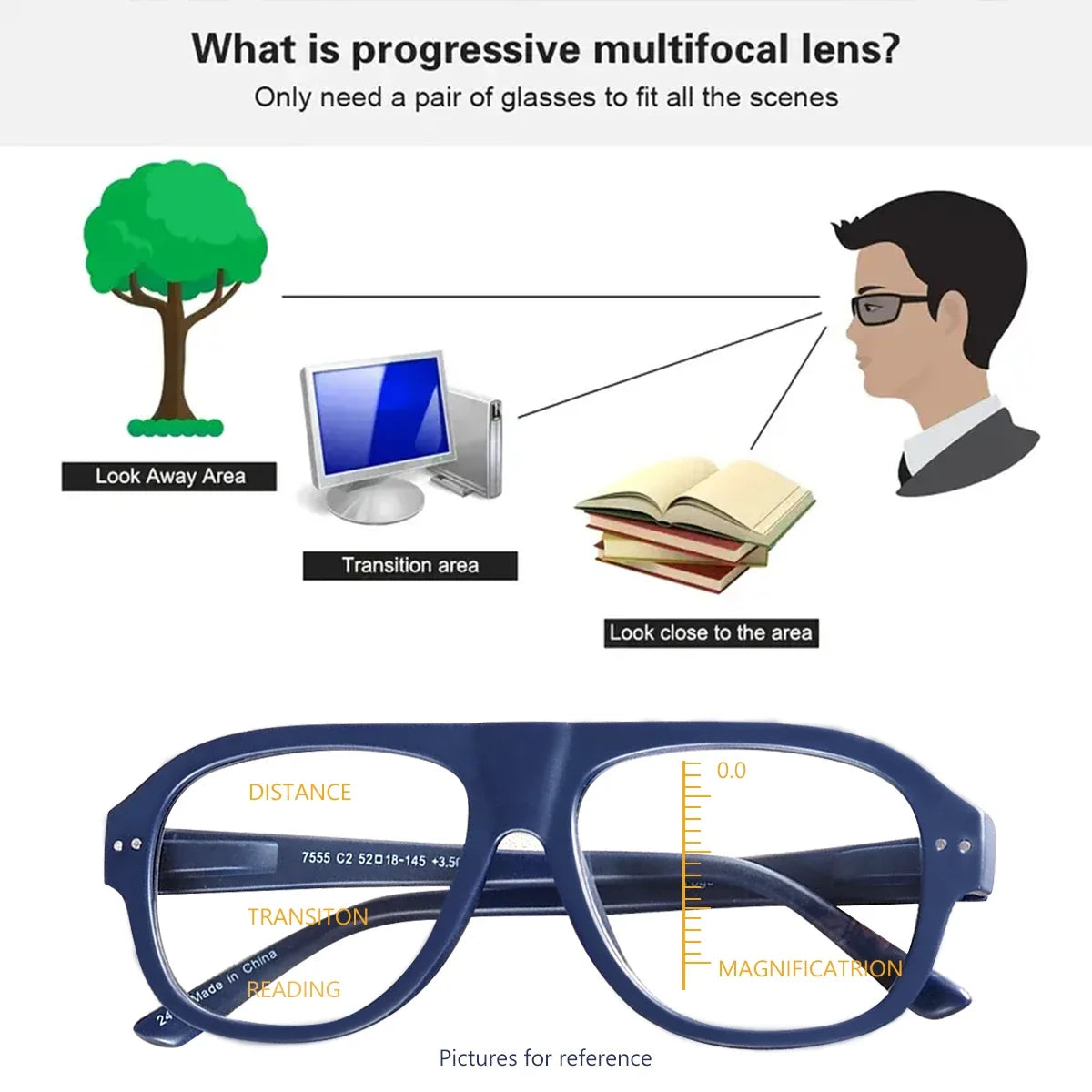 Progressive Multifocal Reading Glasses Men Women Oval Photochromic Presbyopic Eyeglasses Classic Rivet Anti Blue Light Diopter