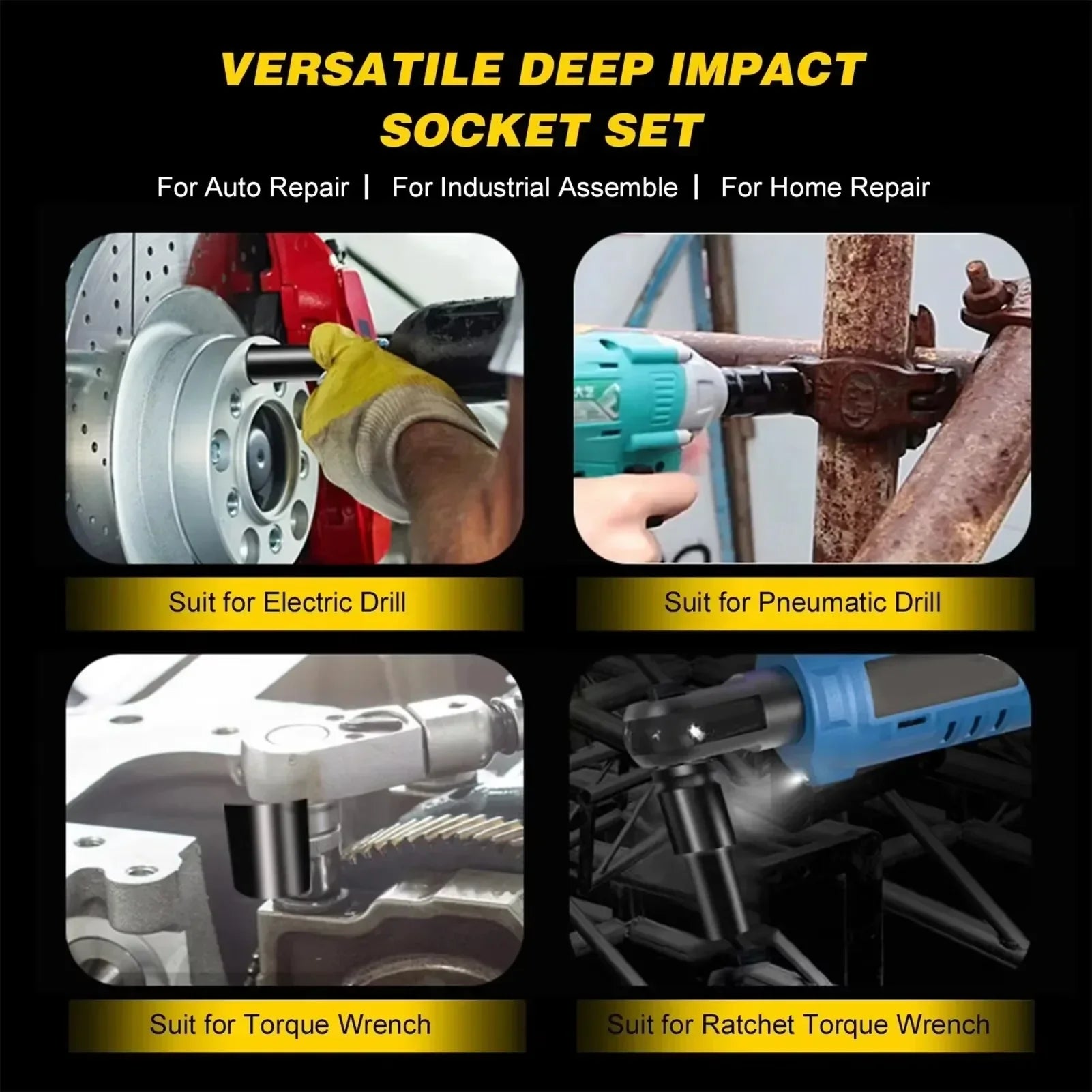 10pcs 1/2 Drive Metric Heavy Duty Impact Socket Set Universal Deep Wrench Sockets for Pneumatic Air Repair Manual Tools