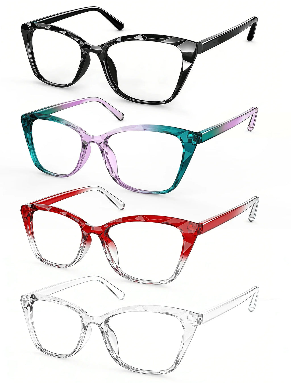 MODFANS Gradient Cat-Eye Polygonal Blue Light-Blocking Reading Glasses, Geometrically Cut Clear PC, for Women, +0.5 to +4.0.