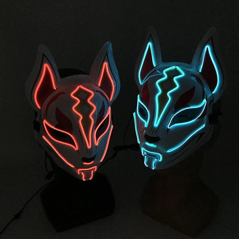 LED Fox Mask Neon Light Up Japanese Kitsune Mask for Halloween Cosplay Party Rave Festival Costume Glowing EL Wire Masque
