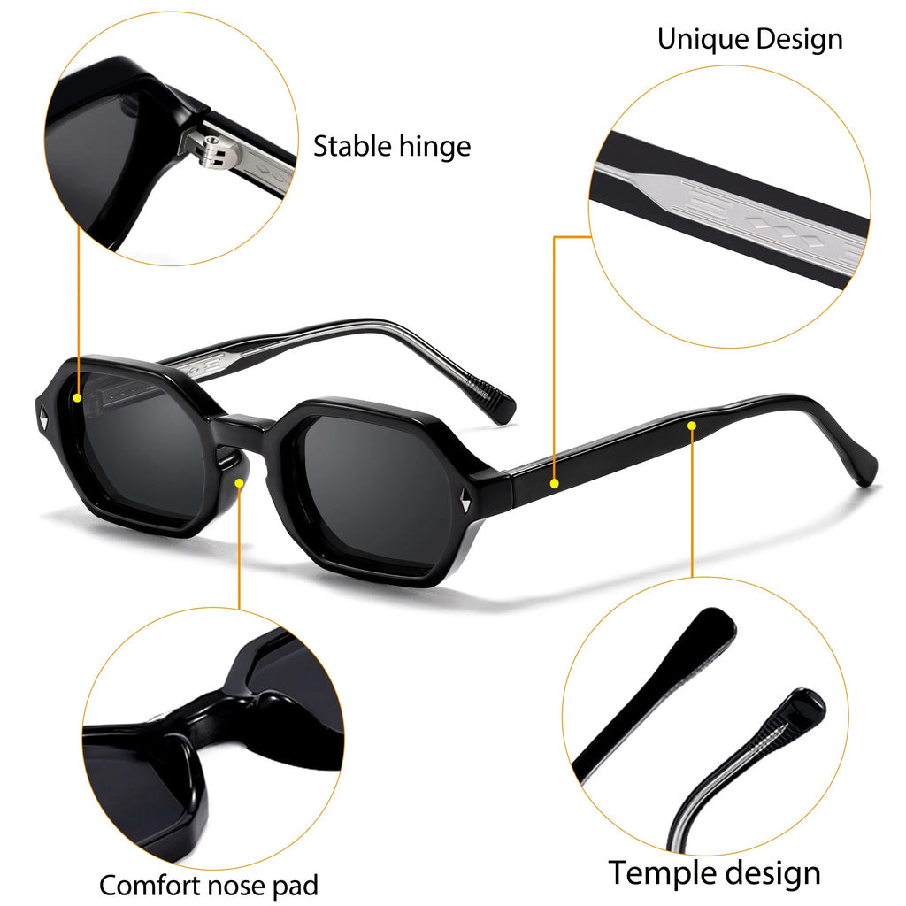 HBK Fashion Retro Polygon Men Sunglasses Small Frame Cupronickel Core Insert Leg Sun Glasses Outdoor Party Vacation Travel