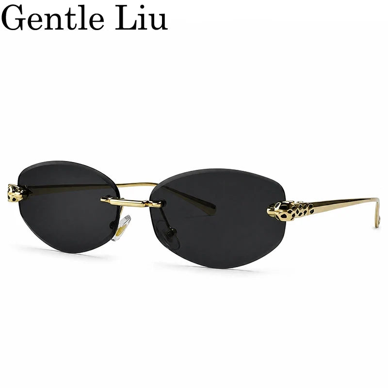 Rimless Leopard Head Sunglasses Men Luxury Designer Vintage Small Oval Sun Glasses Male Metal Frame Eyewear Retro Driving Shades