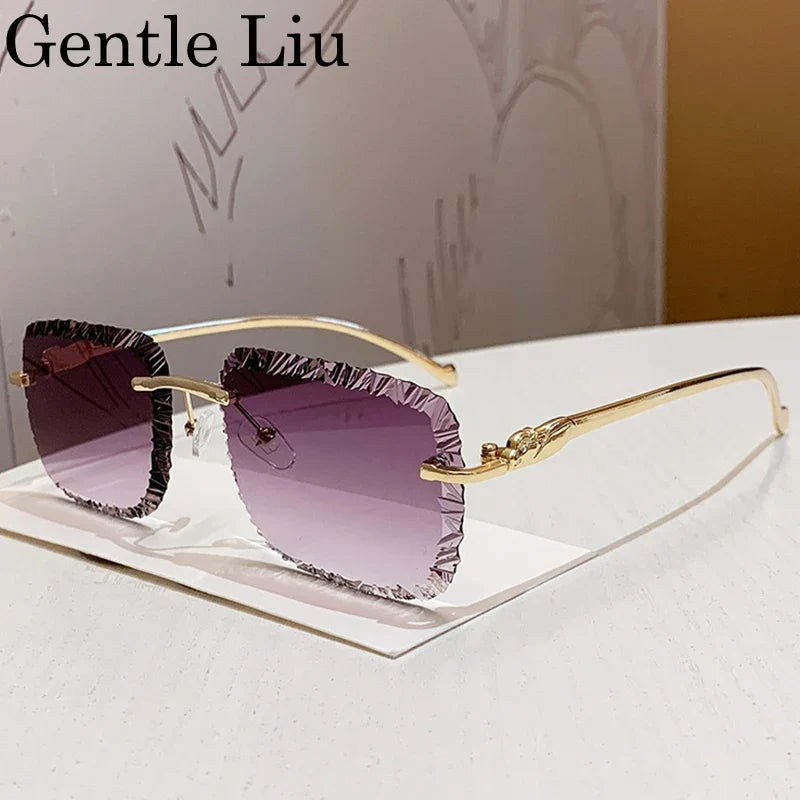 Fashion Square Rimless Punk Sunglasses Men 2025 Luxury Brand Cut Edge Frameless Sun Glasses For Male Leopard Head Eyewear Shades